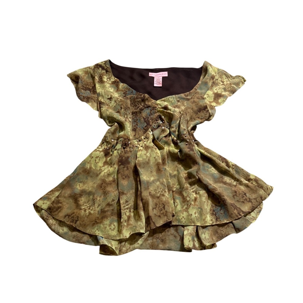Womens Vtg Y2k Blouse 12 Brown Abstract Sequin Whimsigoth Fairy Peasant Boho Top